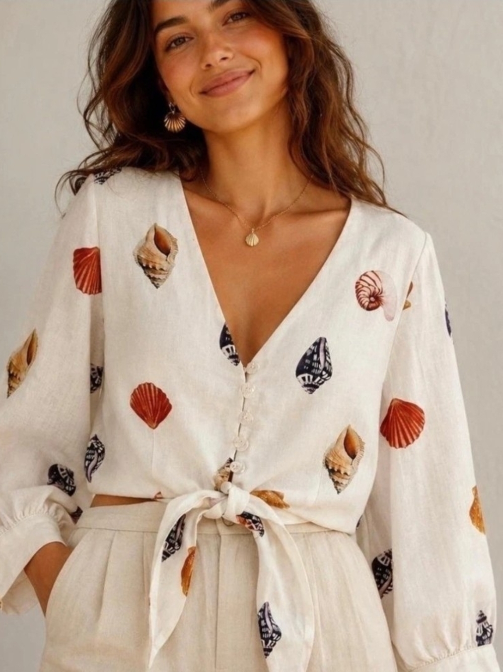 NWT Rachel Zoe White W/Shell-Print Tie-Front V-Neck Linen Feel Blouse Sz M